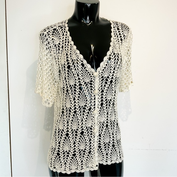 Vintage Tops - VINTAGE 90s Cream White Crochet Knitted Button Up Blouse